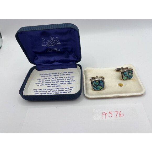 Vintage Ariki Palladium Plate Paua Shell Cufflinks In Original Box A576 - Picture 5 of 5